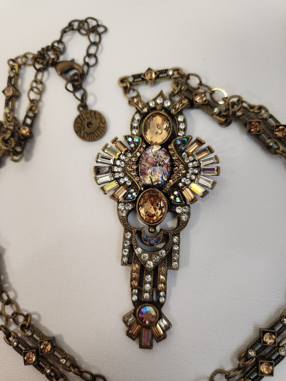True VTG Sweet Romance USA Art Deco Crystal Mirror Statement Necklace 28” Signed